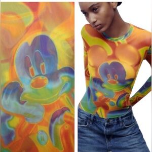 Zara x Disney Mickey Mouse Bodysuit Size M Tulle Mesh Psychedelic Rainbow
